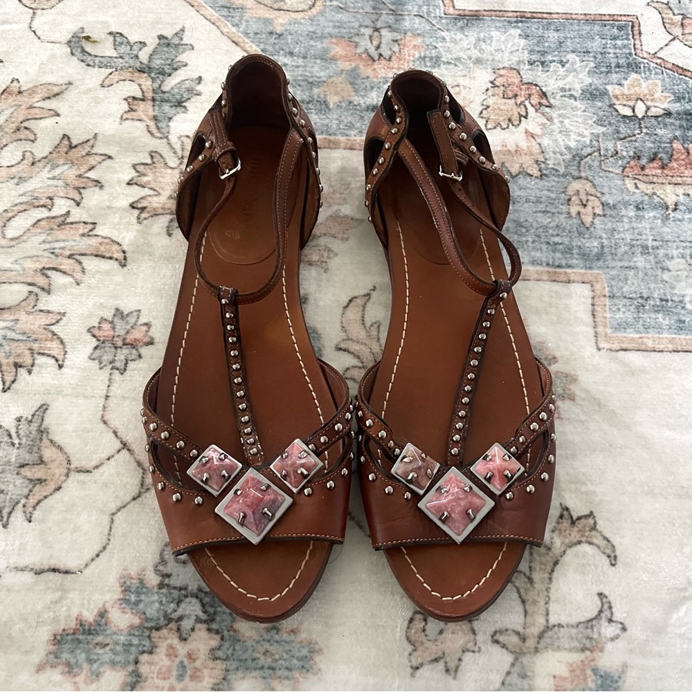 Miu Miu Bejeweled T-Strap Brown Leather Sandals - Picture 5 of 11